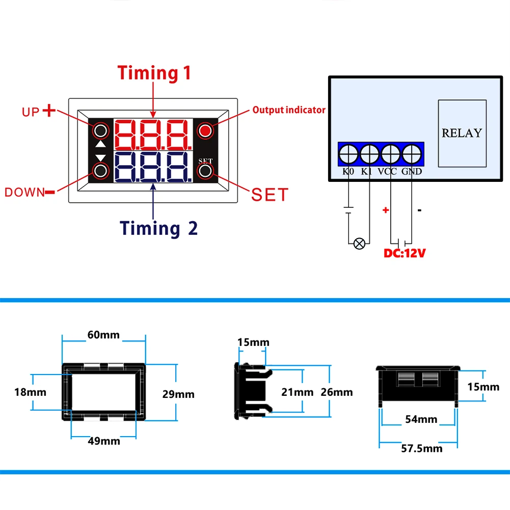 DC 12V LED Digital Timer Relay Dual Display Digital Time Relay Module 0.56 Inch Accessories 0-999 Second Minutes Hours