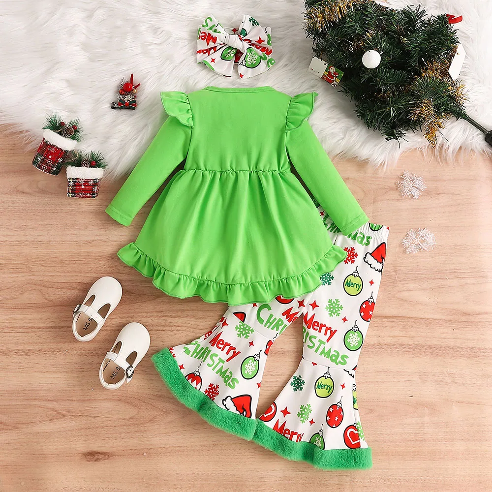 Ropa de Navidad para niñas pequeñas de 1 a 6 años, Tops de manga larga sólidos verdes, pantalones acampanados de felpa con estampado navideño, conjuntos de diadema