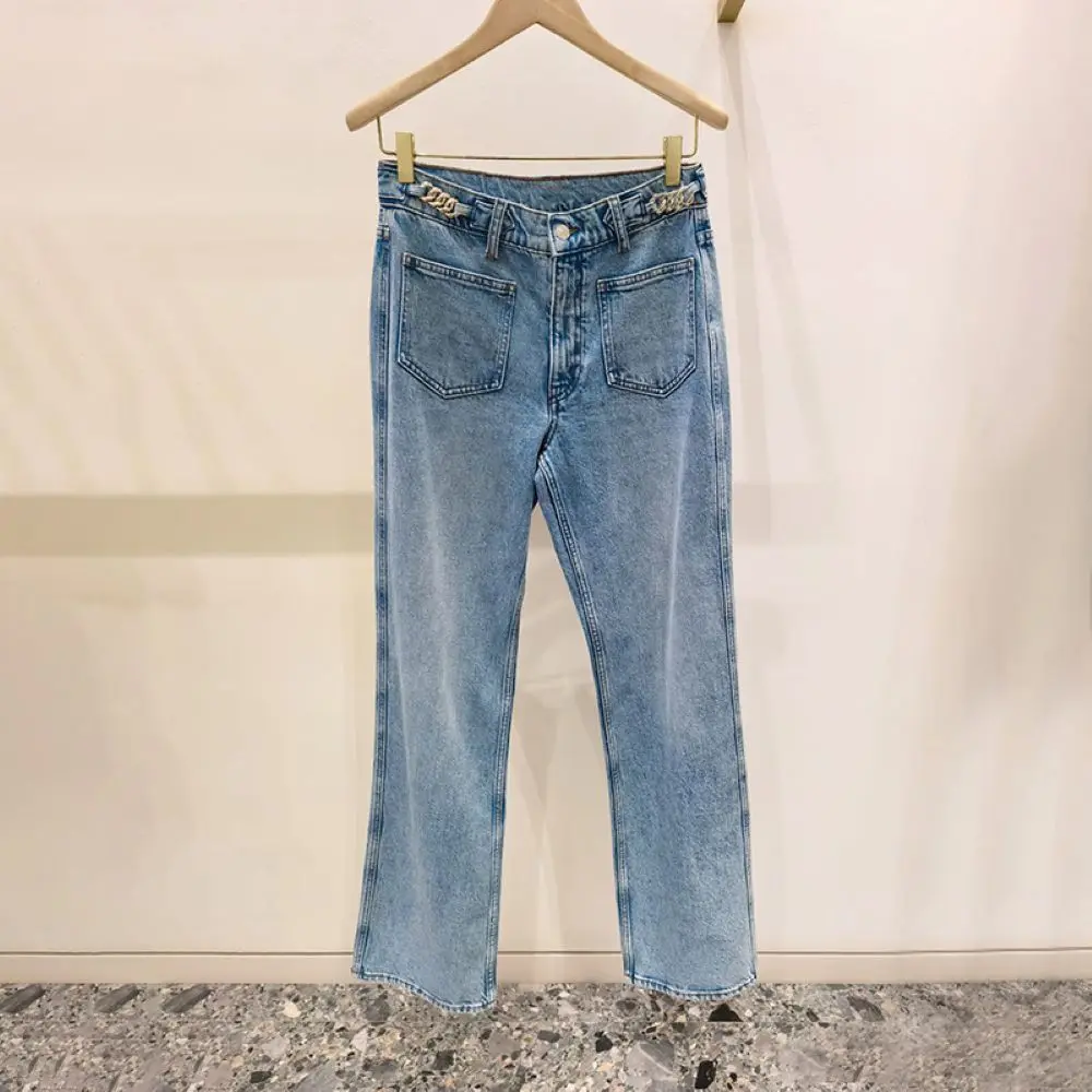 

Женские джинсы с металлической цепочкой, прямые, с высокой талией, модные, весна-лето 2026