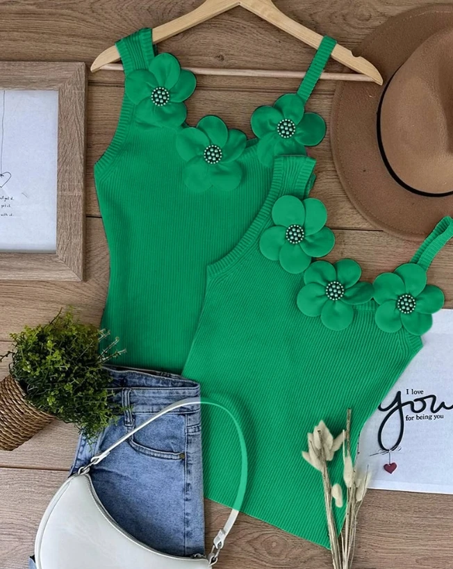 

Vintage Camisole Vest Tops for Women 2024 Floral Pattern Embroidery Beaded Knit Patchwork Sleeveless Slim Fit Tank Top Street