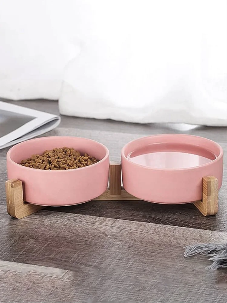 Yellow Ceramic Cat Dog Bowl Dish with Wood Stand No Spill Pet Food Water Feeder Cats Small Dogs Single Bowl, Double Bowl