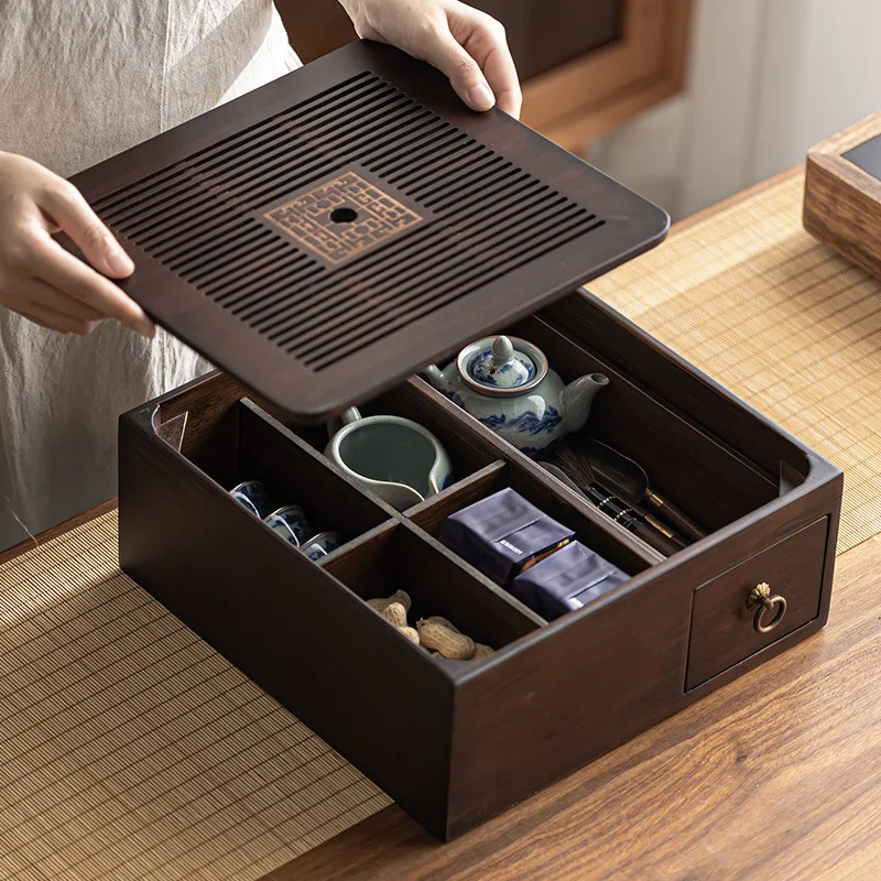 Bamboo Tea Tray Multi Function Storage Box Rectangle Square Nanzhu Tea Sea Kung Fu Teaware Tea Table