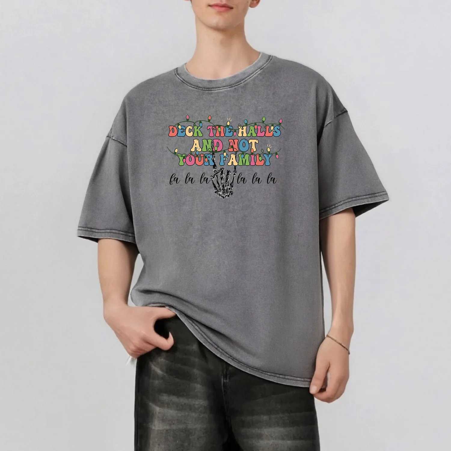 

Christmas Words Graphic Printing Men's Summer Retro Style Washed Water T-Shirt Casual Short Sleeved Basic Men's Top 230G