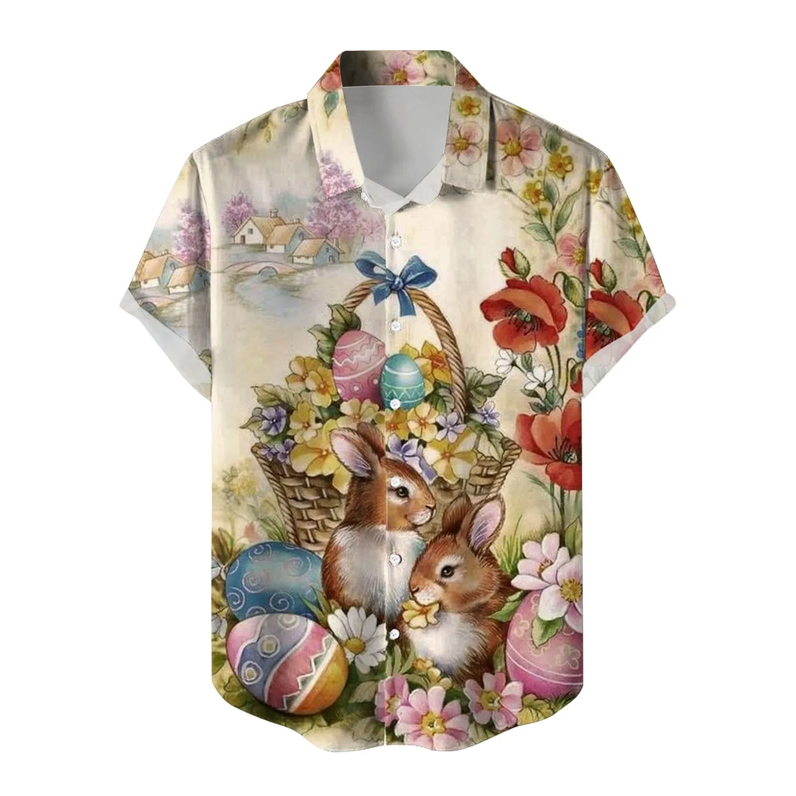 

Men Easter Spring Shirt 3d Bunny Eggs Prints Men'S Short Sleeve Lapel Casual Man Sunday Holiday Summer Clothing Shirt Tops