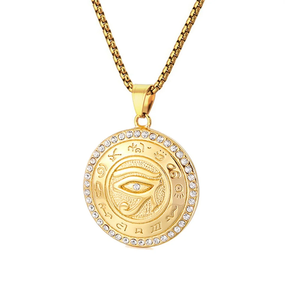 

Egyptian Eye of Horus Pendant Gold Silver Color Stainless Steel Hieroglyph Round Necklace for Man Woman Ancient Egypt Jewelry
