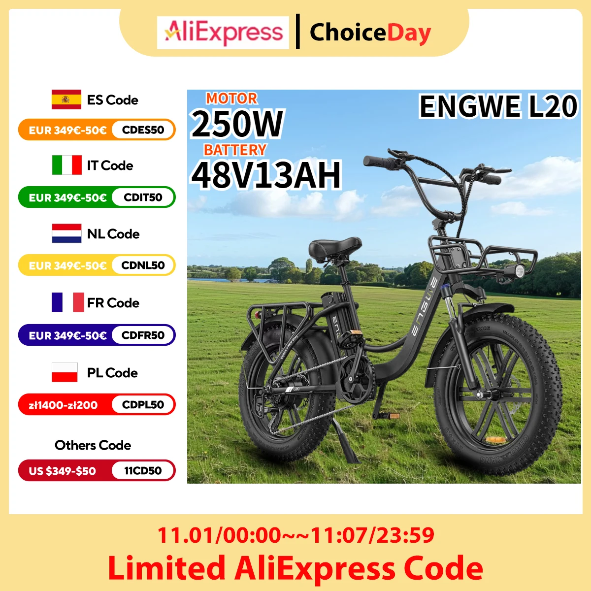 ENGWE L20 Electric Bicycle 250W Powerful Motor 48V13Ah Lithium Battery Women's E Bike 20*4.0 Inch Fat Tire City Electric Bike