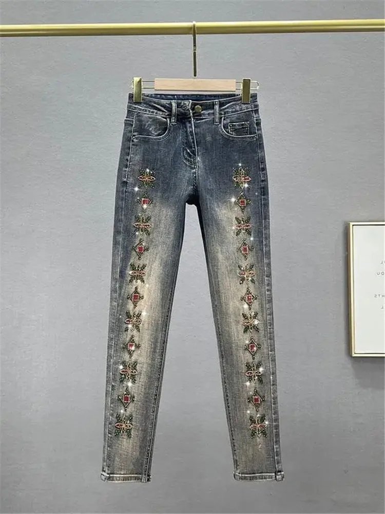 

Fashion Embroidered Denim Pencil Pants Women Spring Summer New Elastic High Waist Slimming Ethnic Style Rhinestone Pencil Pants