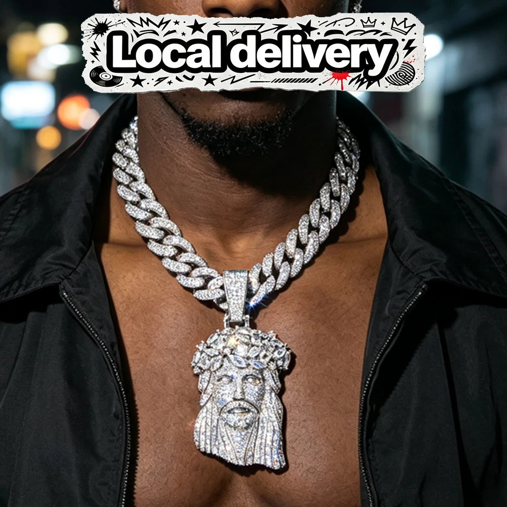 Iced Out Big Jesus Head with Rose Pendant Necklace Sparkling Diamond Hip Hop Jewelry for Men Thorn Crown Jesus Portrait Bling Accessory Full Paved Shiny 18K Gold Plated Thick Cuban Chain Charm Ideal Gift for Rappers Streetwear Lovers for Daily Party Club