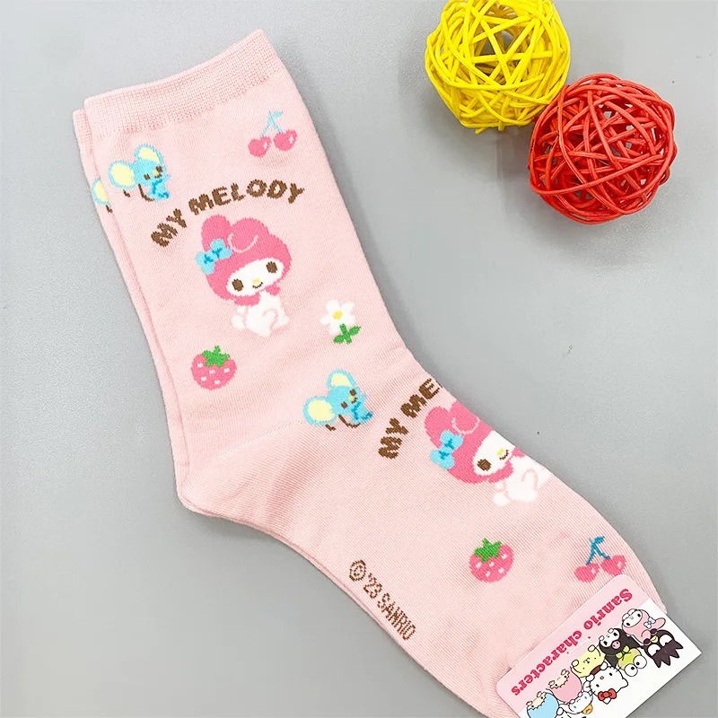 Kawali Sanrio Hellokitty Kuromi My Melody Cinnamoroll Pochacco Pompompurin Cotton Socks Candy Color Soft Cute Girl Birthday Gift