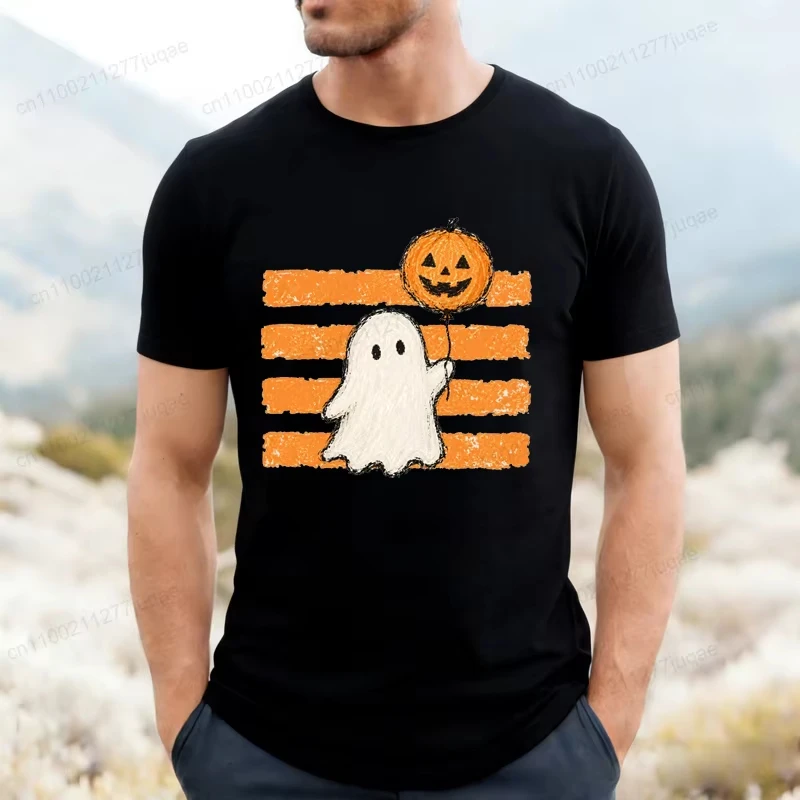 Men Funny Halloween Graphic T‑Shirt Adorable Ghost With Pumpkin Balloon Vintage Stripe Background Print Short Sleeve Tee Casual