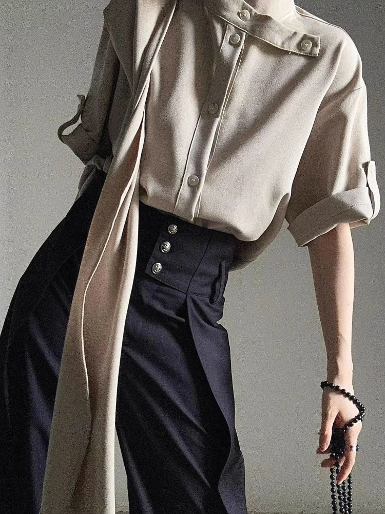 الفرنسية أنيقة خمر تصميم قاع قميص المرأة Y2k Harajuku ريترو فضفاض البلوزات سيدة مكتب موضة كم طويل بلايز جديد