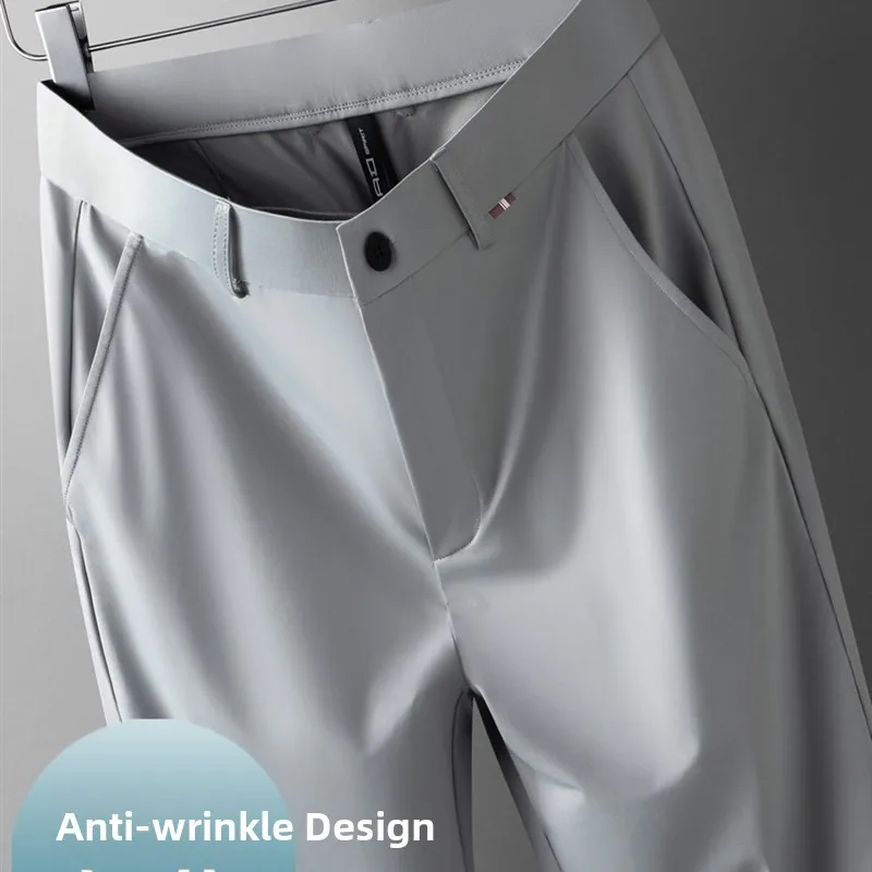 

Anti-Wrinkle Draped Ice Silk Summer Thin Elastic Men's Casual Pants Loose Straight Business West Pants Mid-Age Men's Trousers