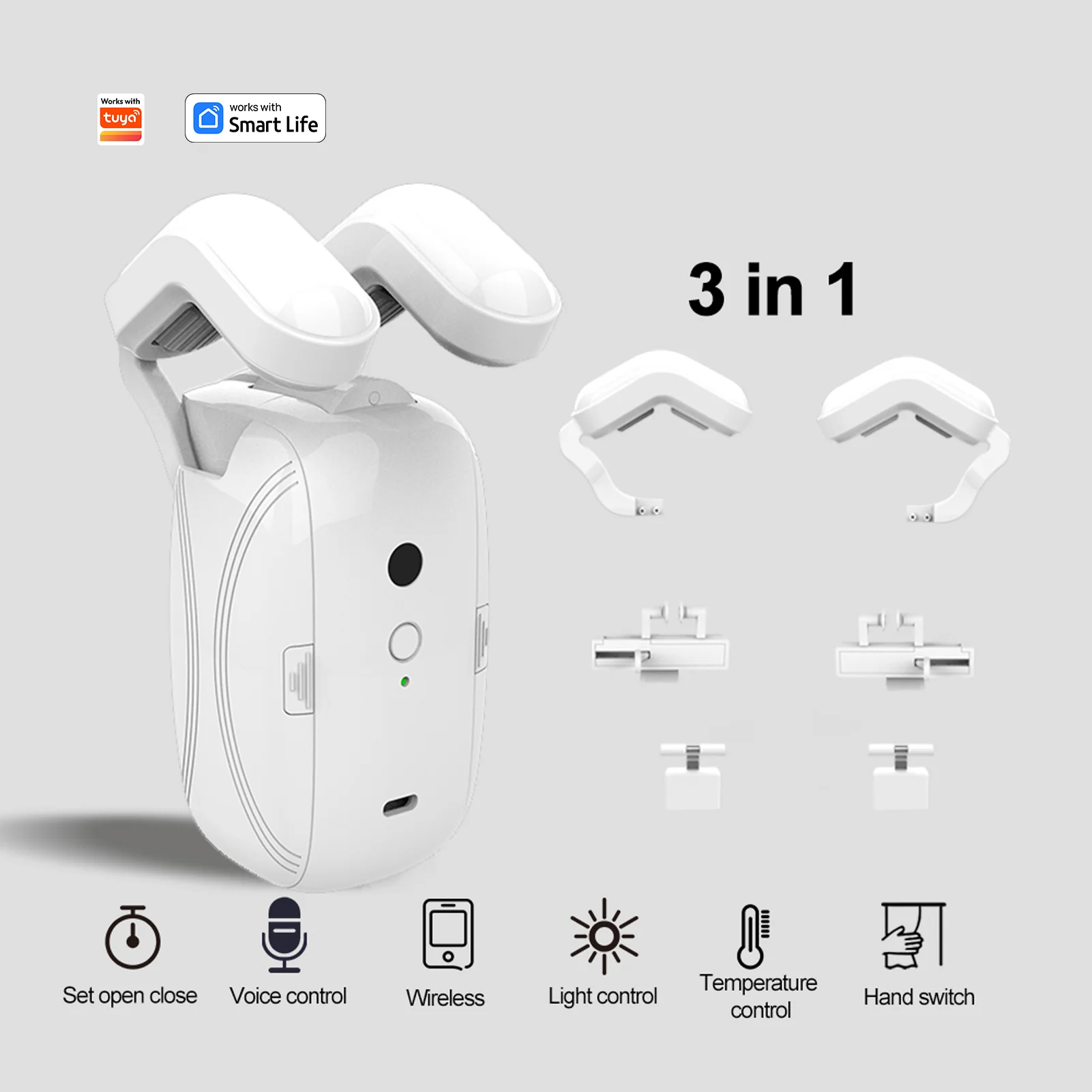 Works with Tuya Automatic curtain robots Smart curtain opener Roman rod TU remote control 3-in-1 Light Sensor， Easy Installation