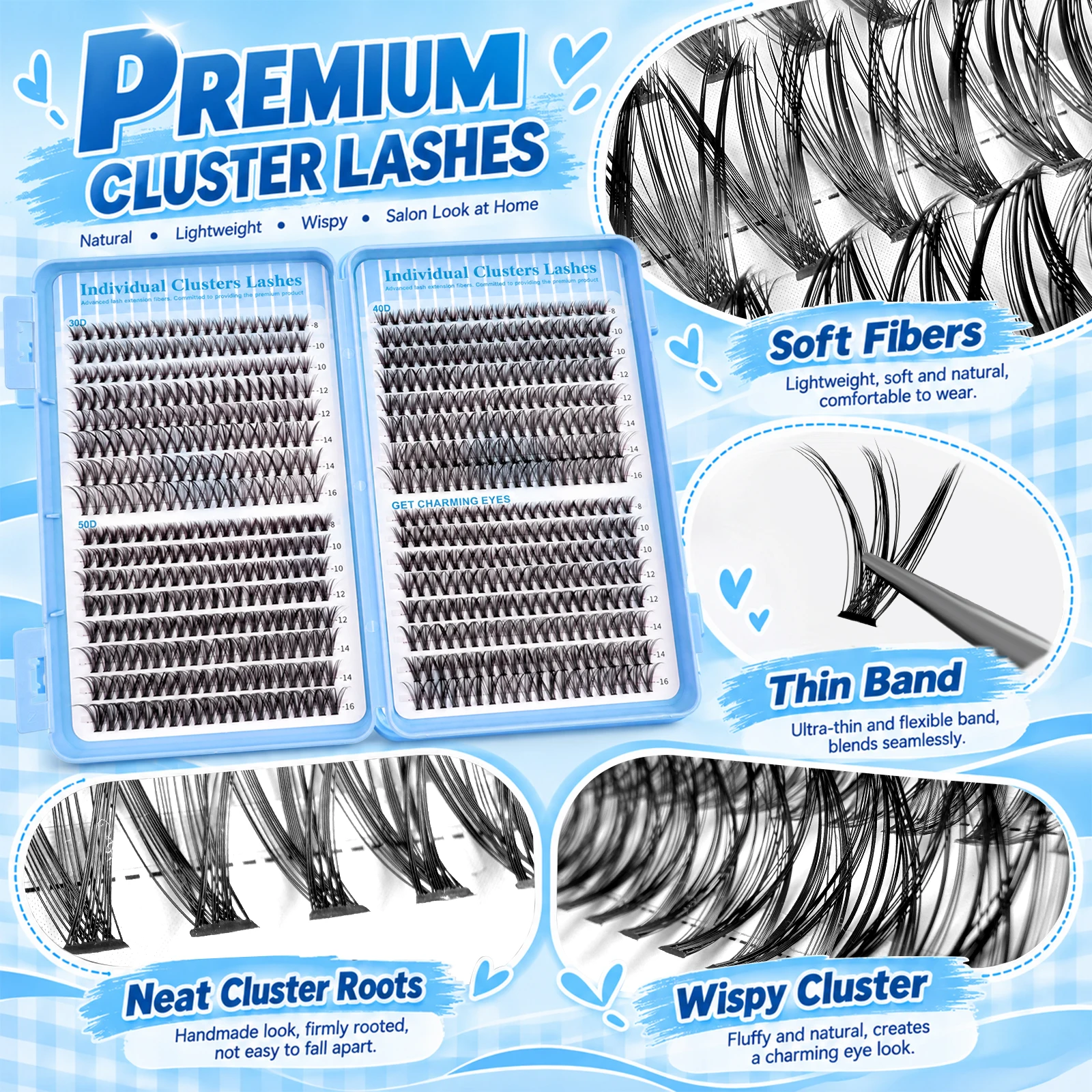 640PCS DIY Lash Clusters Mixed Length 30D 40D 50D 8-16mm Wispy Volume False Eyelashes Soft Lightweight Natural Fluffy