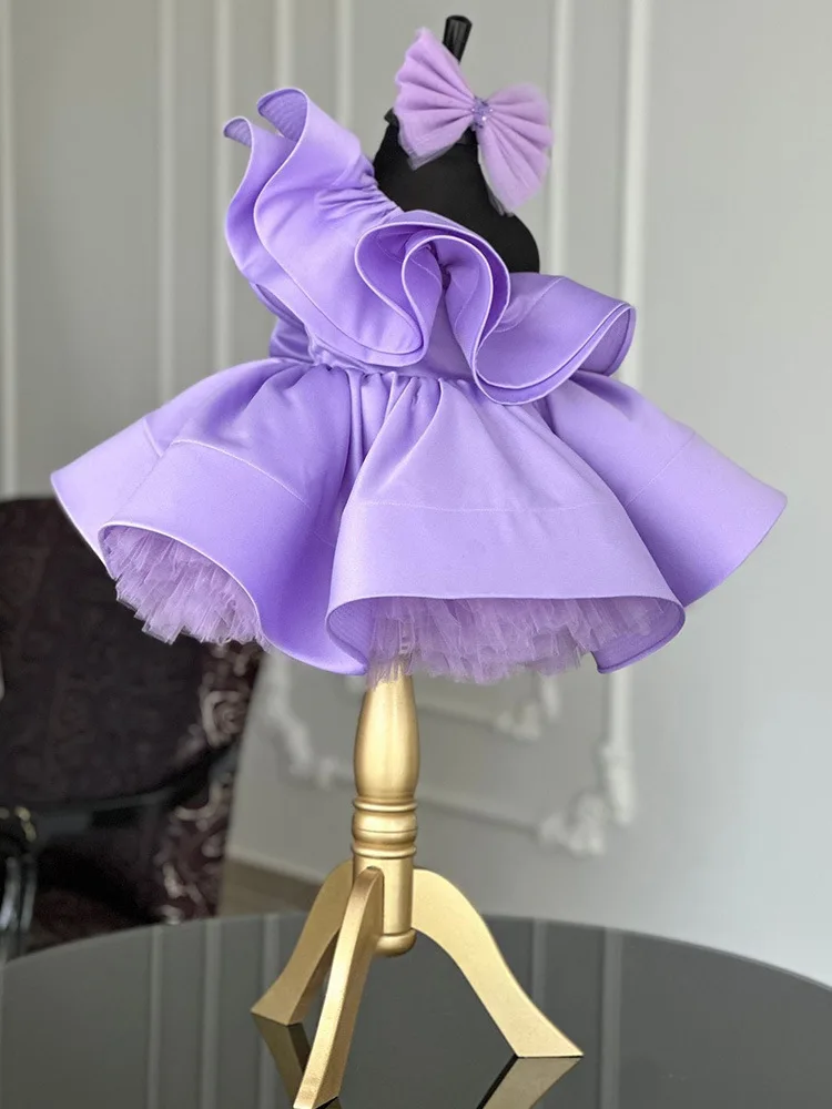 Luxe Meisjes Prinses Lotus Blad Kraag Enkele Schouder Paarse Kinderen Strik Tutu Bruiloft Kids Jurken Baby Verjaardag Feest Jurk