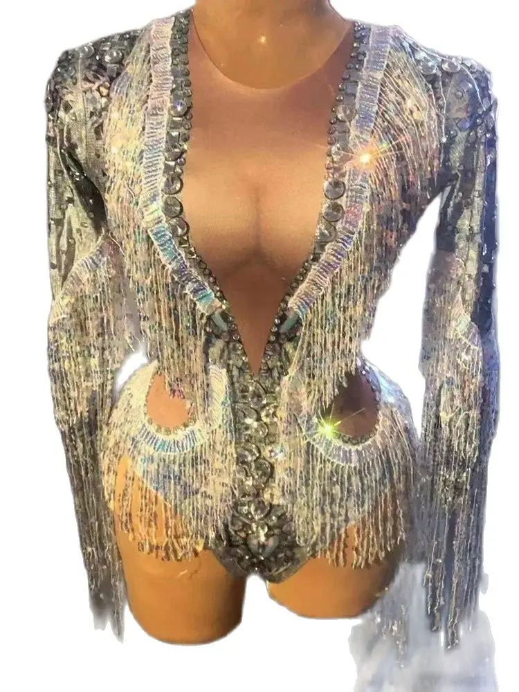 

Women Sparkling Silver Rhinestone Sequin Tassel Party Bodysuit Stretch Dance Fringes Jumpsuit Club Dj Singer Leotard Stage Wear