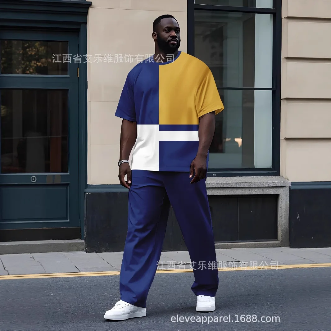 

Mens Crew Neck T shirt Pants Set 3D Digital Print Minimalist Stripe Color Block Style Hot selling Sports Sui