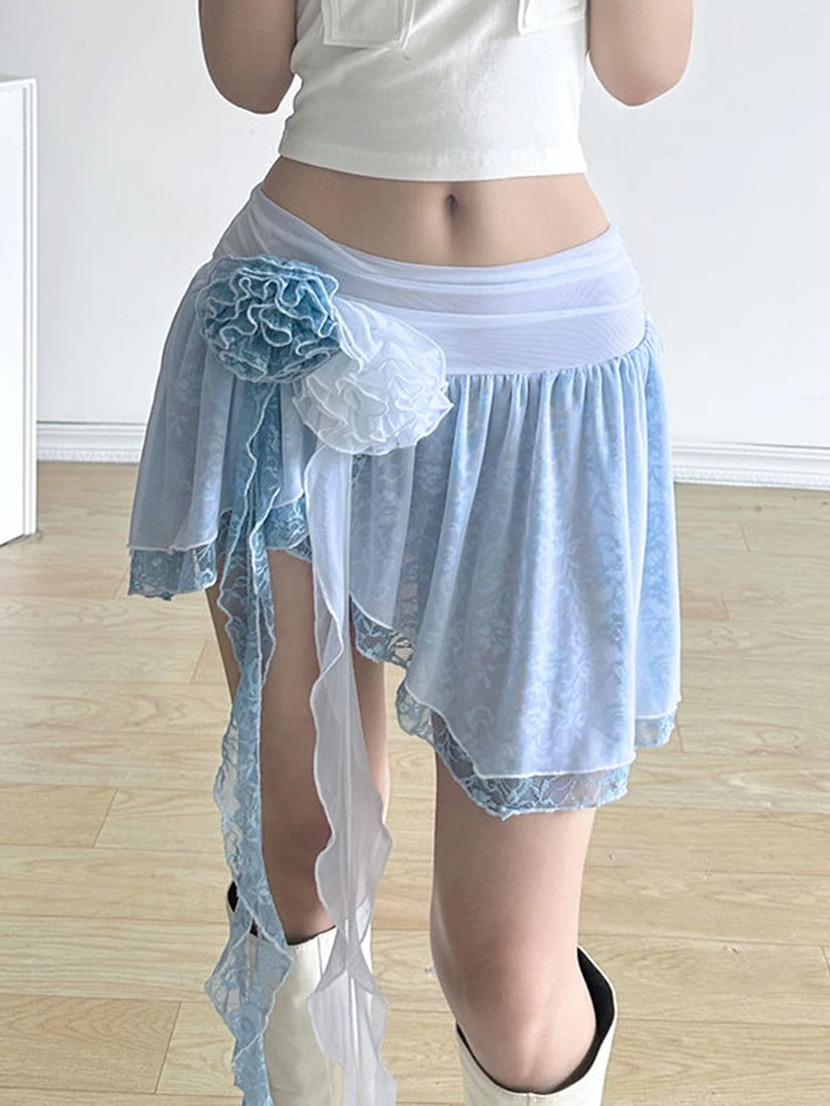 Jmprs 3D Floral Mesh Mini Skirt Women Sexy Streetwear High Waist Irregular Skirts Casual Retro Female Design Club A Line Skirts