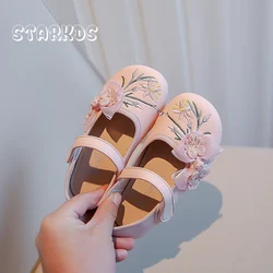 Chinoiserie Floral Embroider Ballet Flats Girls  Lace Bowknot Mary Jane Zapatos Kids Retro Hanfu Shoes In Pink Green Color