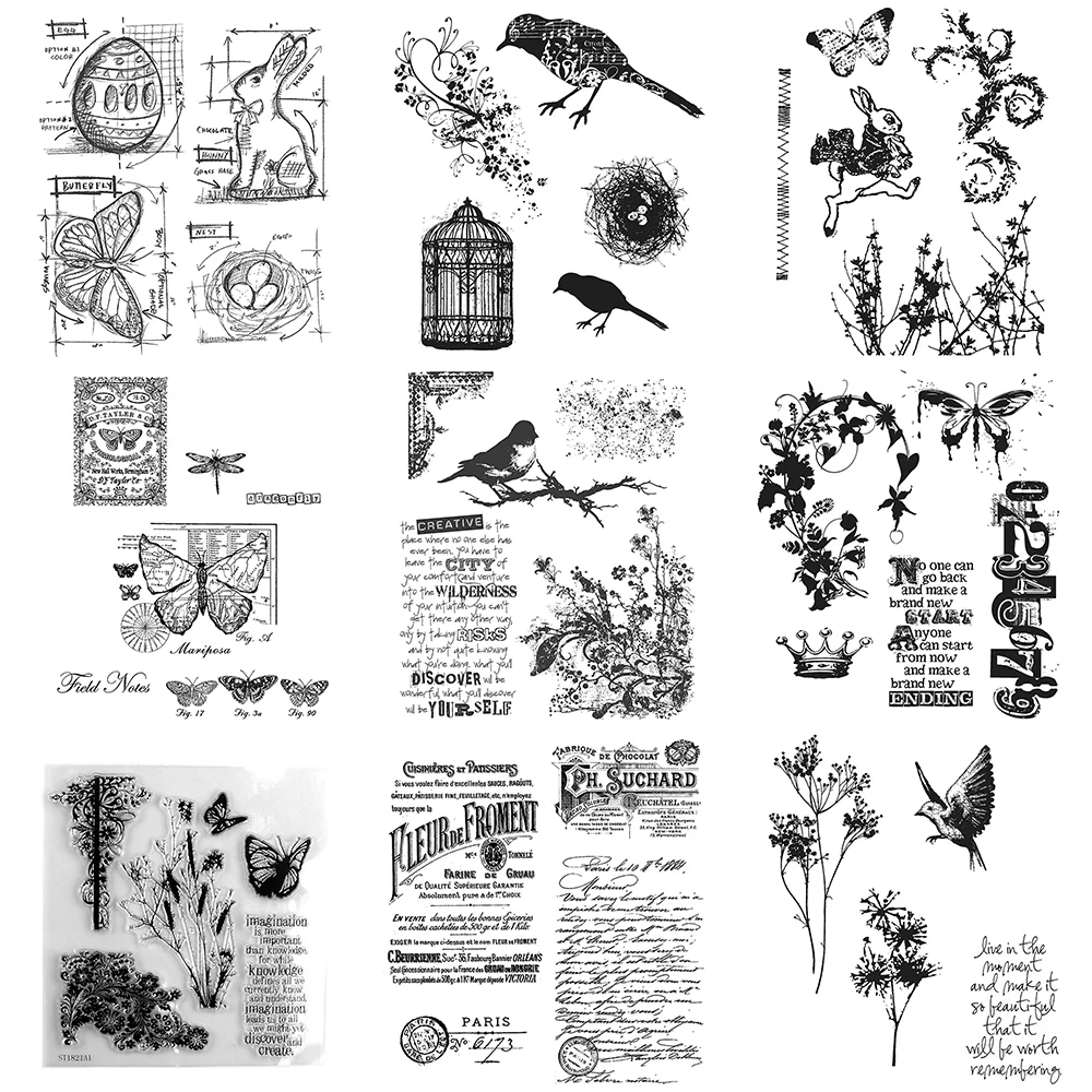 

2025 NEW Clear Stamps Bunny Butterfly Bird with Cage Wildflower Sprig Plant Seal Cursive Handwritting Silicone Stamps for DIY