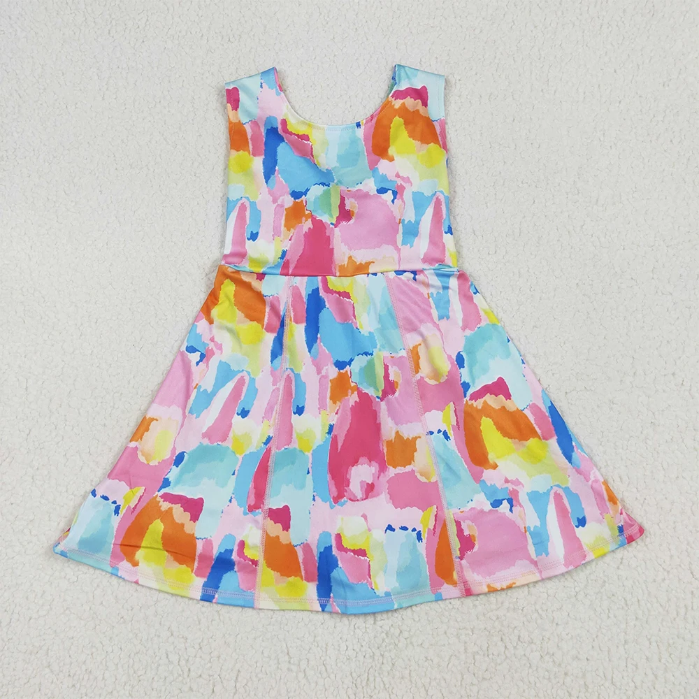 

Baby Girls Sleeveless Watercolor Tie Dye Yoga Short Knee Length Athletic Dress Kids Fashion Comfortable Clothing