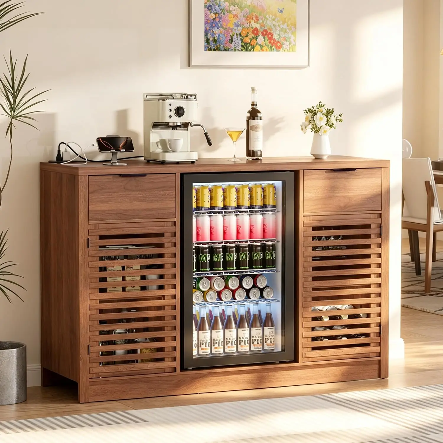 Fluted Coffee Bar Cabinet with Fridge Space & Power Outlets, Wine Rack Glass Holder, Mini Fridge Stand Charging Station, Kitchen