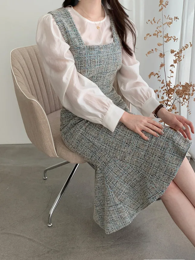 Chic Early Autumn Retro Square Collar Slim Fit Sleeveless Tweed Wrap Fish Tail Halter Dress Korean Style Spring Autumn Winter