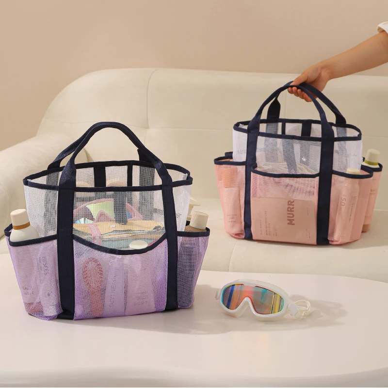 

Сетчатая пляжная сумка с несколькими карманами, спортивная сумка для хранения фитнеса, приморские сумки для плавания, большая вместимость, портативный органайзер для дорожной косметики