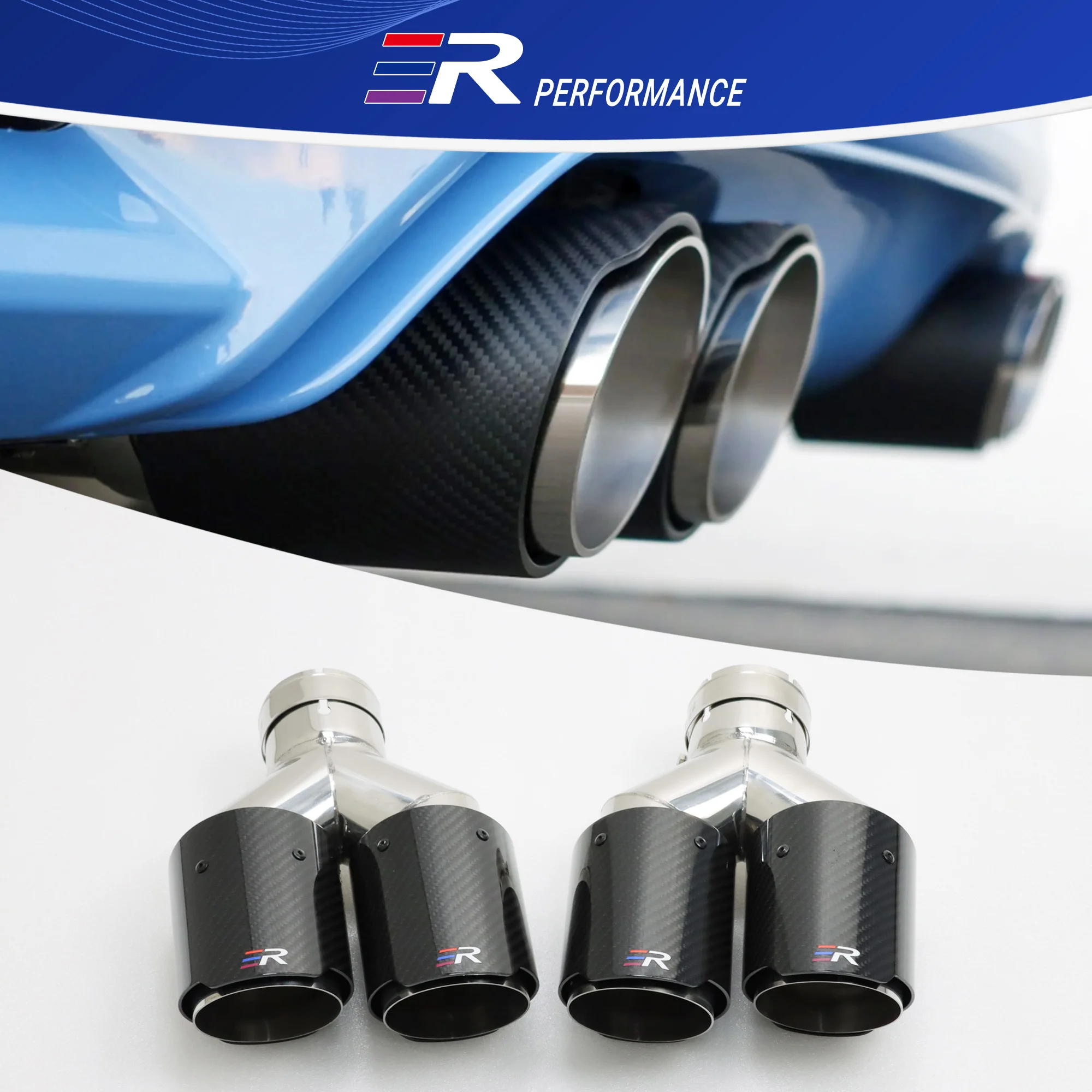 

ER Universal Exhaust Tip Real Carbon Fiber+Silver Stainless Steel Double Outlet Auto End Pipe Modification Muffler Upgrade