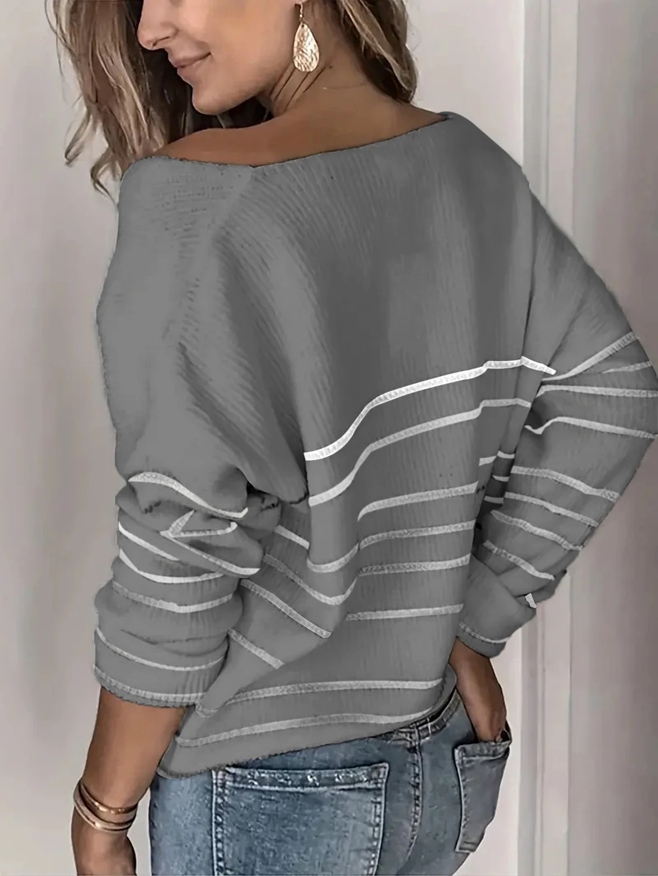 Solid color loose sweater Vintage long sleeve striped knit pullover Casual office women\'s knit top