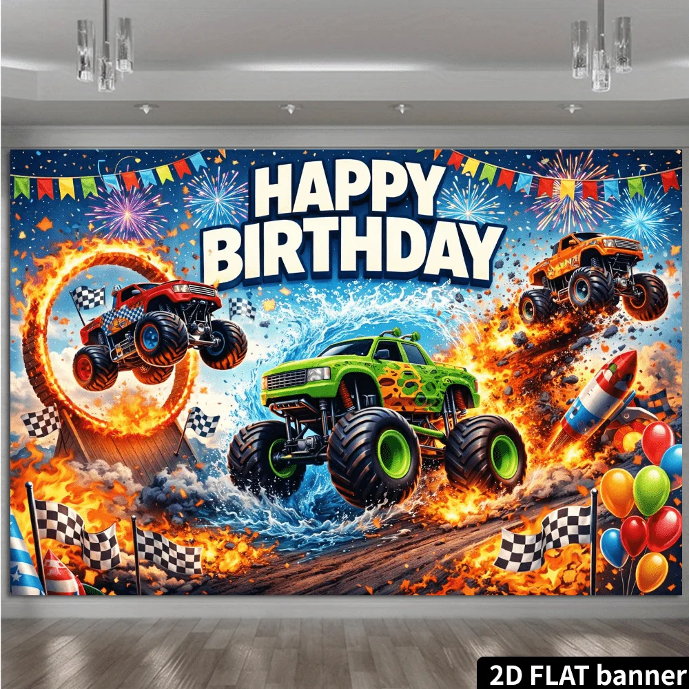 2D-Flachbild-Monstertruck-Geburtstagsparty-Hintergrundtuch. Offroad-Stunt-Thema mit drei farbenfrohen, großen Fahrzeugen. – Detail 3