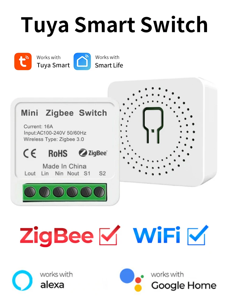 16A Tuya Smart ZigBee WiFi-Schalter, intelligenter Schalter, Relais, 2-Wege-Steuerung, Smart Life App, kompatibel mit Alexa und Google Home.