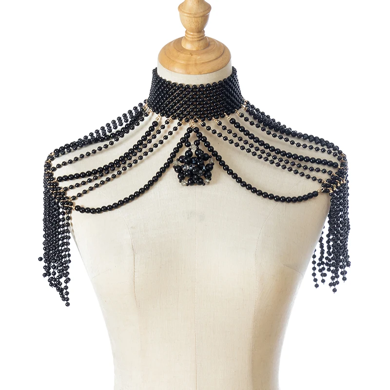 Europe and the United States new fashion personality necklace female dress shoulder chain body chain fringe multi-layer pearl ne