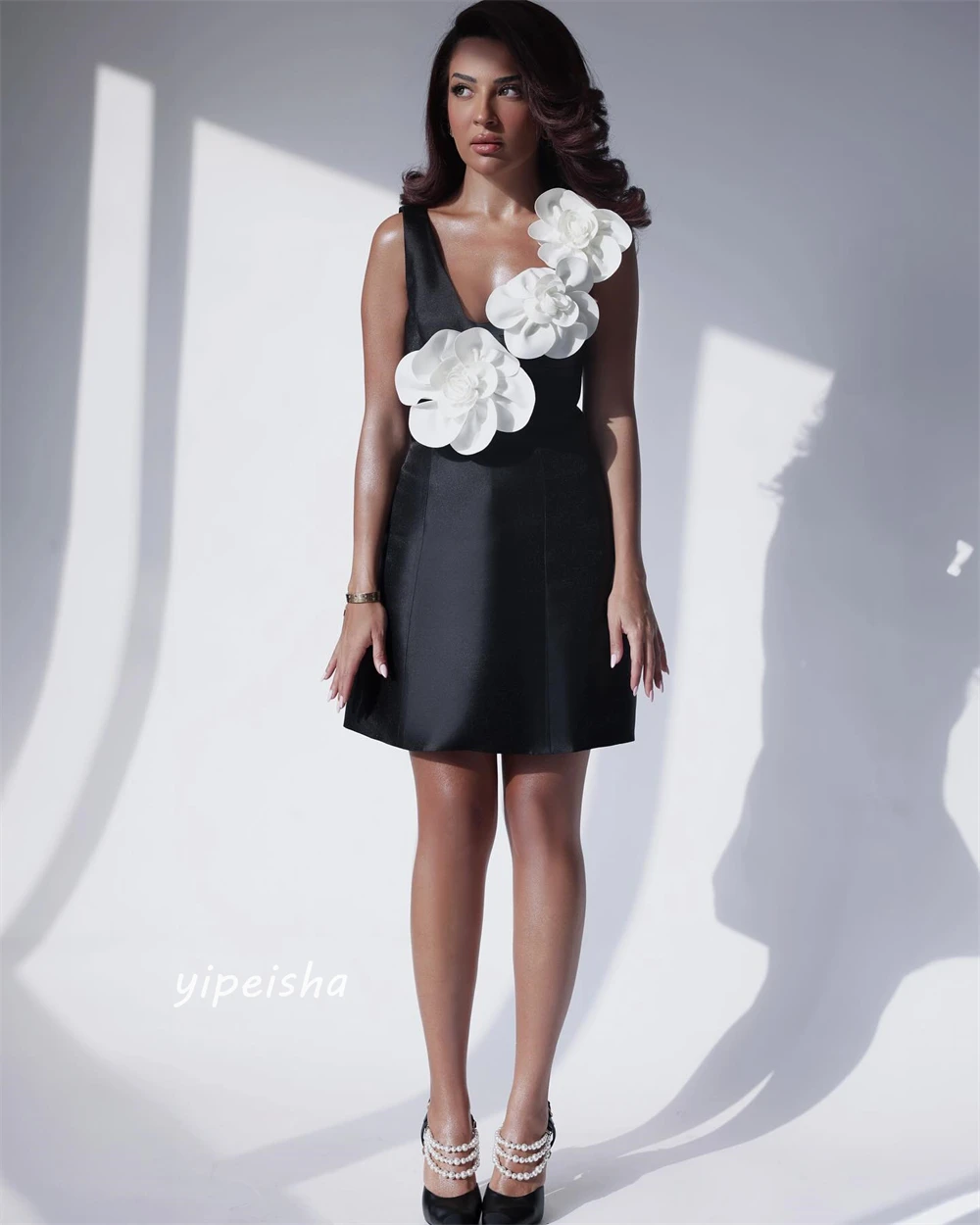 Jiayigong  Satin Flower Birthday A-line V-Neck Bespoke Occasion Dresses Knee-Length