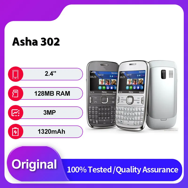 هاتف Asha 302 أصلي غير مقفول بشريحتين GSM 900/1800 مزود بتقنية البلوتوث ولوحة مفاتيح عربية روسية مصنوعة في فنلندا #1