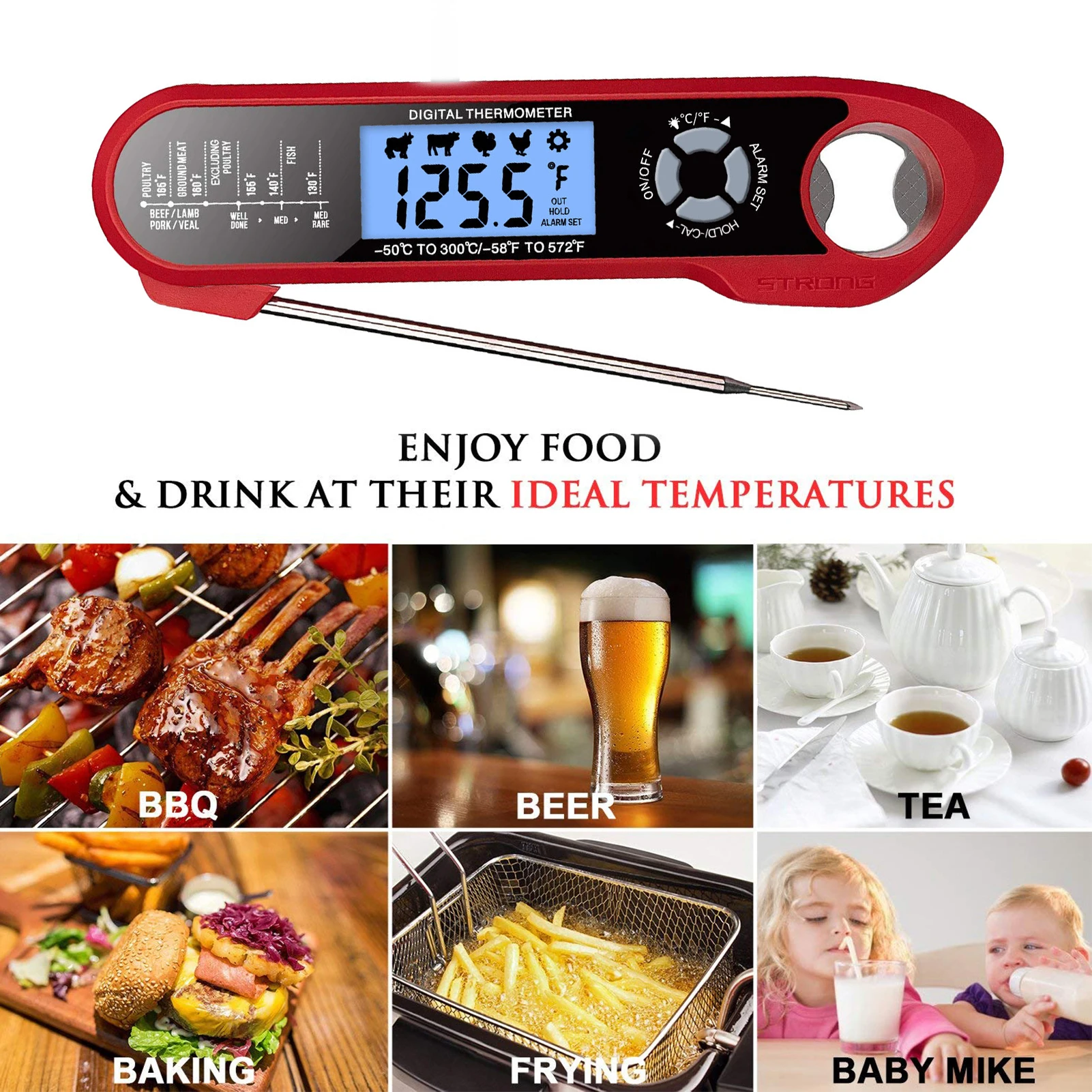 2 in 1 Dual Probe Instant Read Food Meat Thermometers for Kitchen Cooking Oven Grilling with Alarm Function Backlight Waterproof