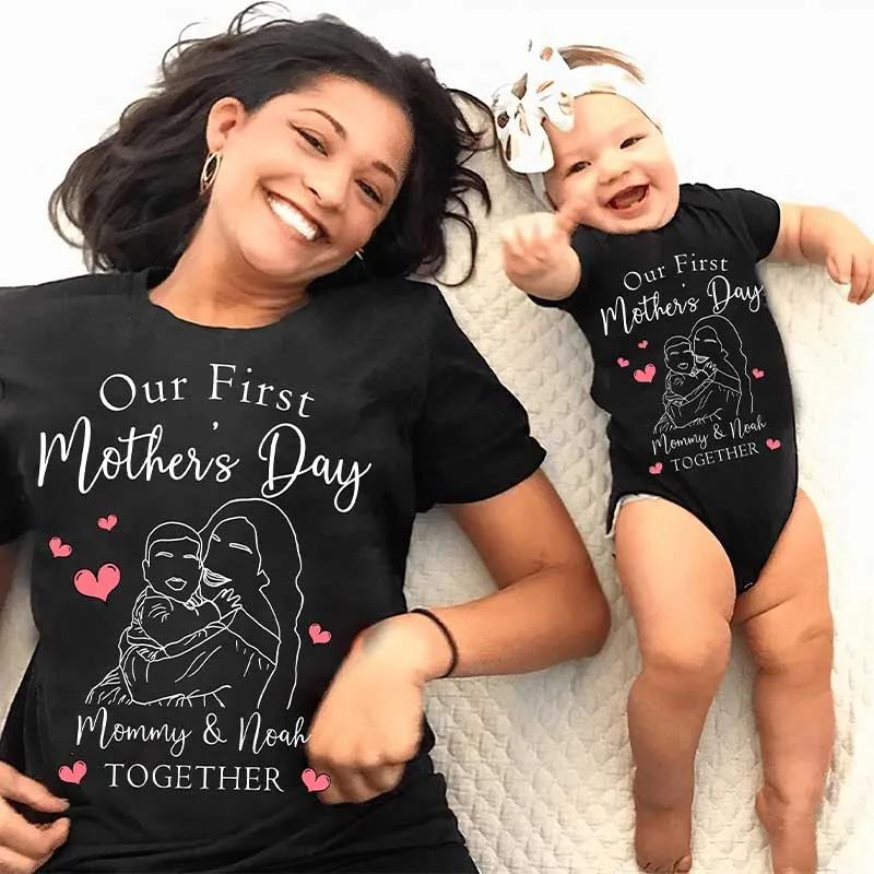 Personalised Our First Mother's Day Heart Print Mommy Baby Matching Tops Mom and Infant Outfit Mama T-shirt Baby Bodysuit