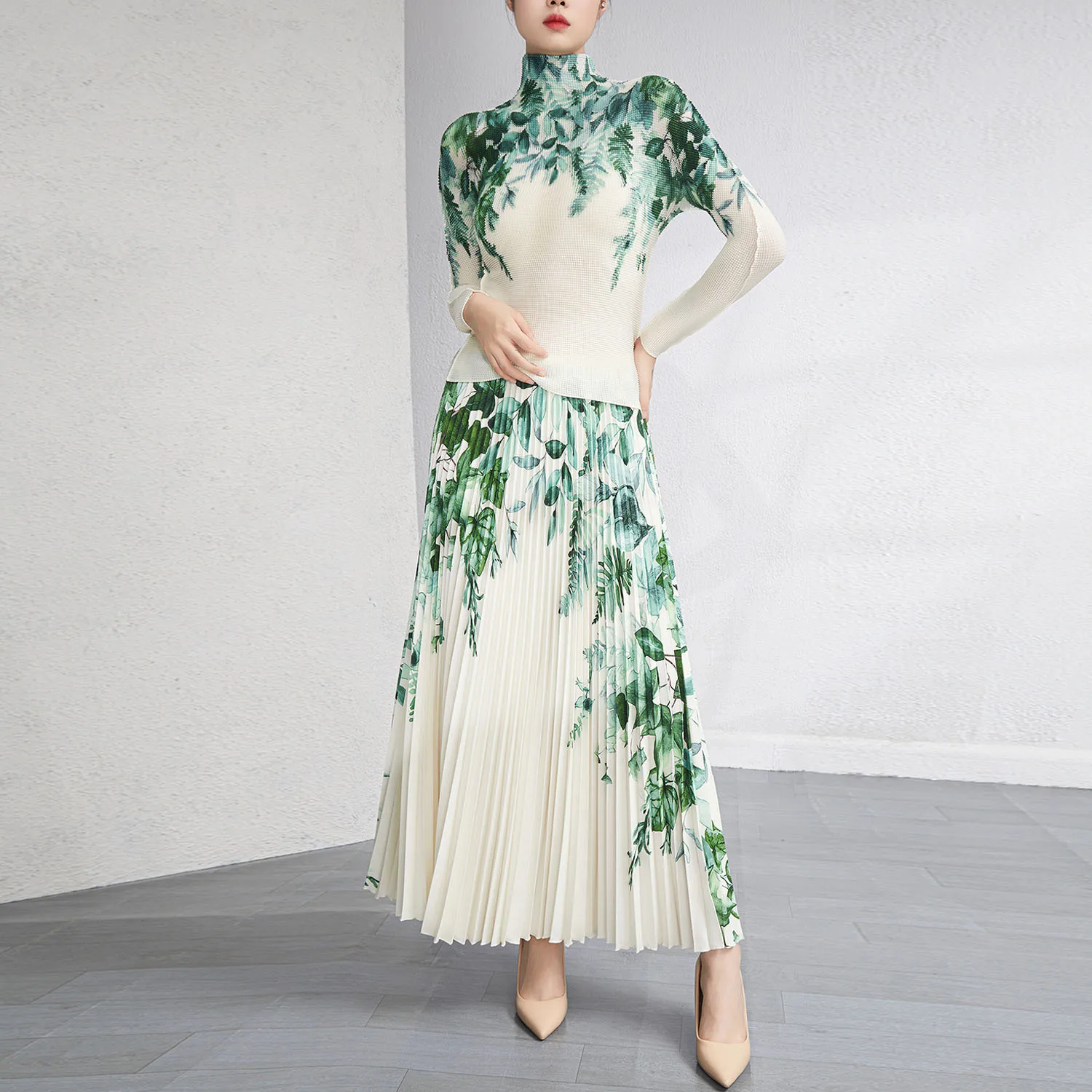 Ata Yake-Ensemble 2 pièces à col roulé pour femme, t-shirt plissé à manches longues, jupes adt assorties, mode féminine, automne, printemps
