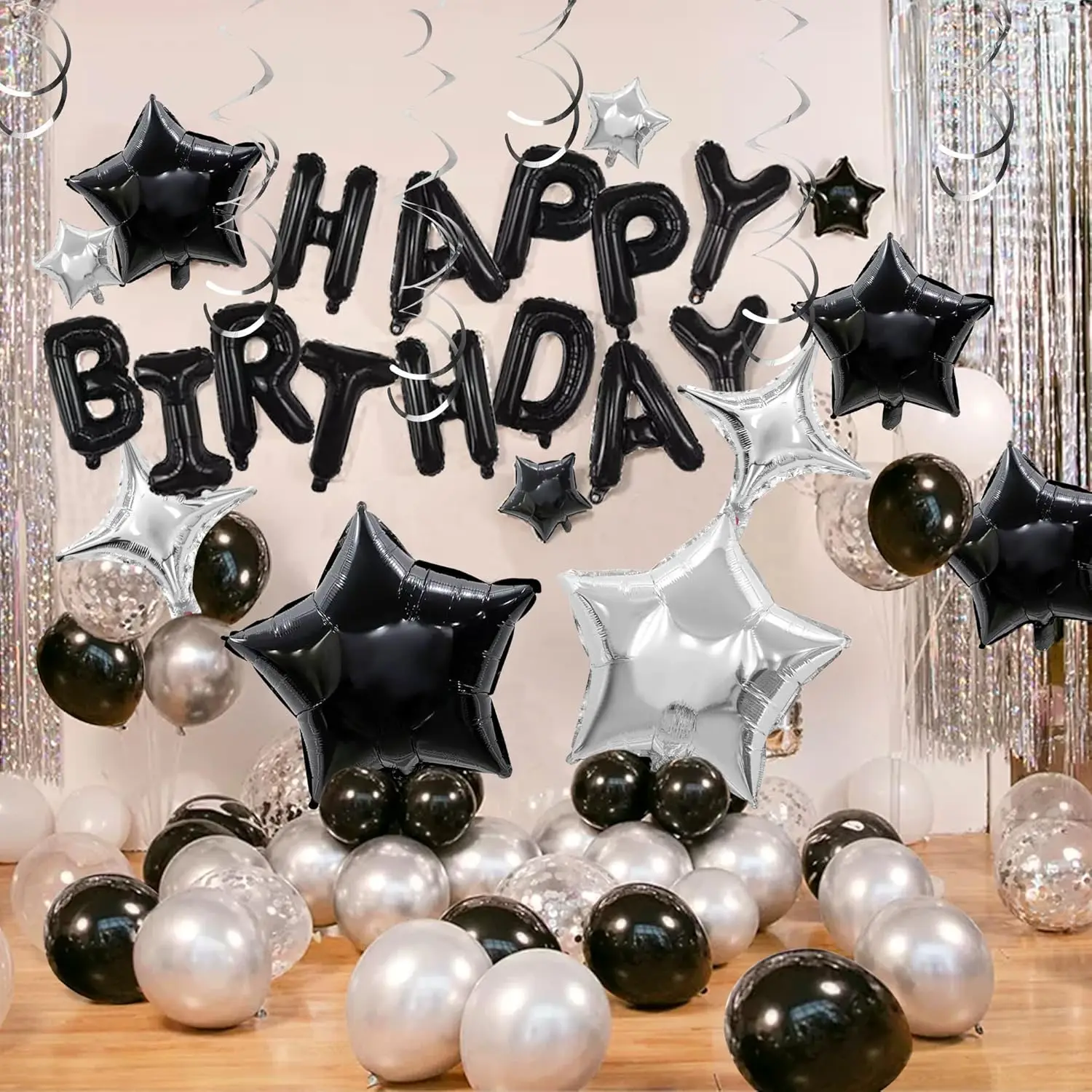 Multi piece set of black latex aluminum foil balloons for children's happy birthday set, party decoration combination package