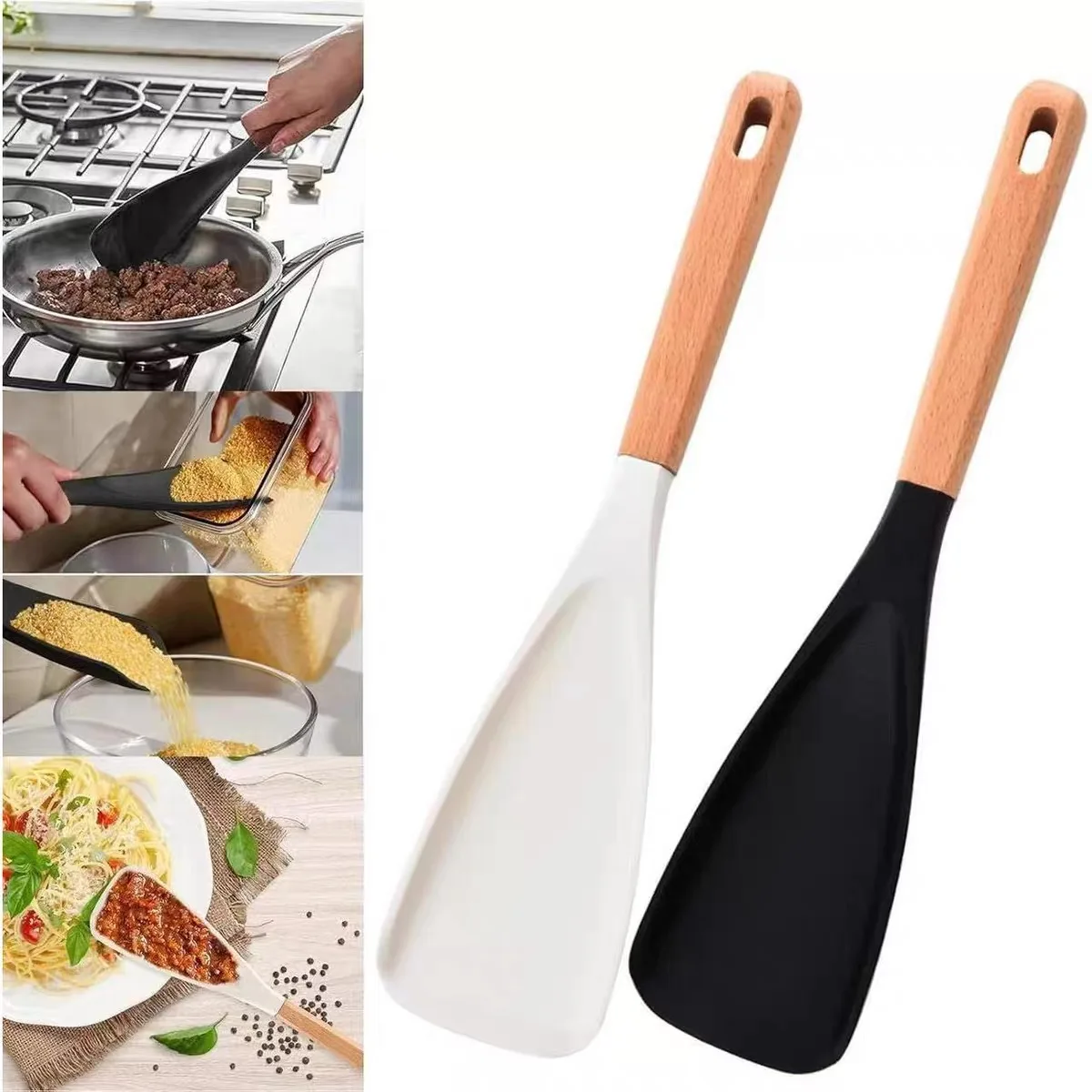 In-Stock Wooden Handle Salad Spatula, Baby Food Spatula, Japanese-Style Silicone Spatula, Food-Grade Cross-Border New Model Silicone Cooking Spatula, Rice Spoon, 2 Pieces