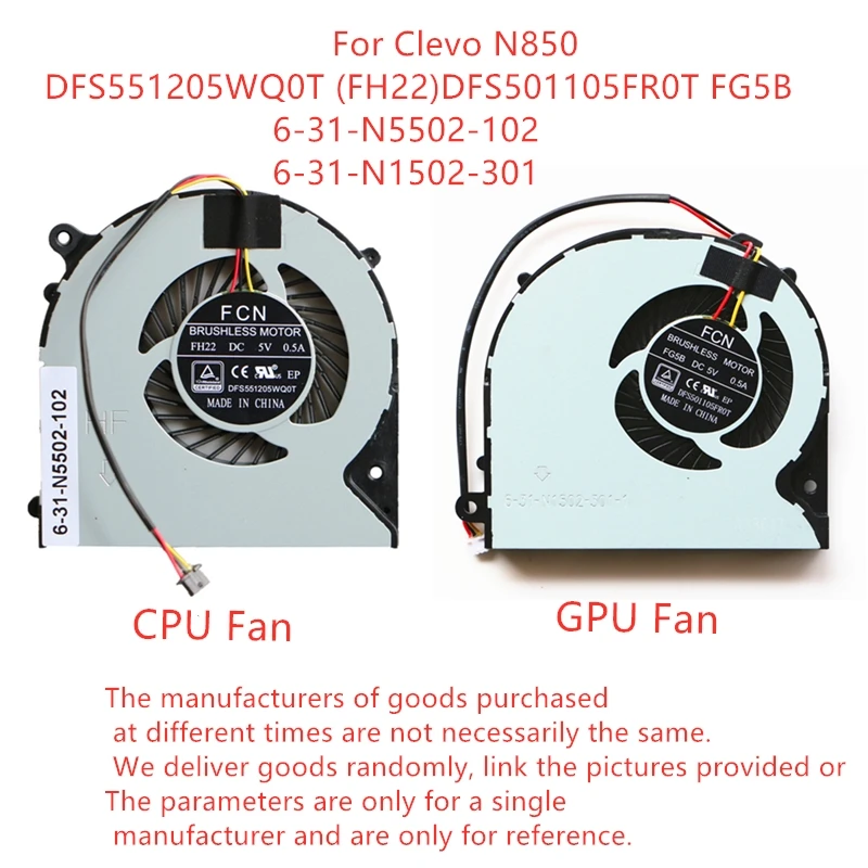 

New Laptop CPU GPU Cooling Fan For Clevo N850 fan DFS551205WQ0T (FH22) DFS501105FR0T FG5B6-31-N5502-102 6-31-N1502-301