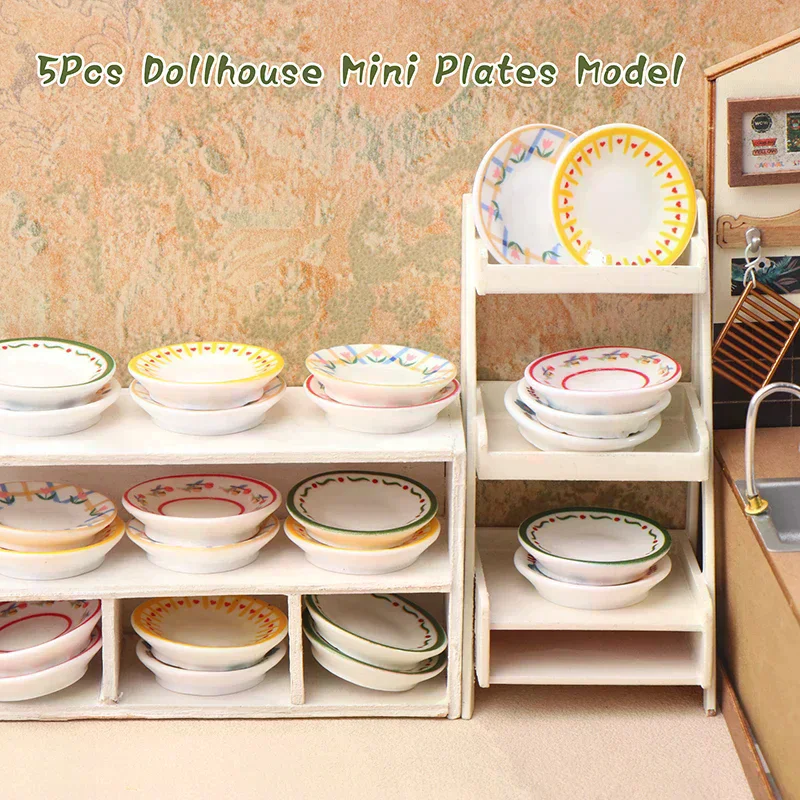 5Pcs 1/12 Dollhouse Mini Simulation Plates Dishes Model Kitchen Accessories For Doll House Decoration Kids Pretend Play Toys