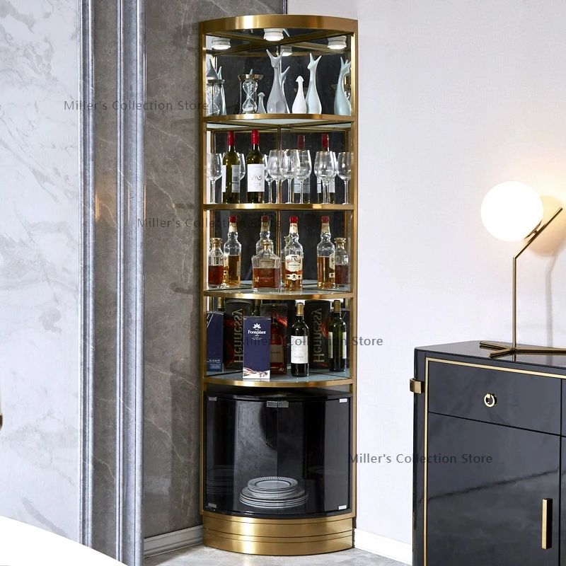 

Modern Living Room Stainless Steel Metal Frame Wine Display Cabinet Luxury Double Door Glass Corner bar Wine Storage Cabinet