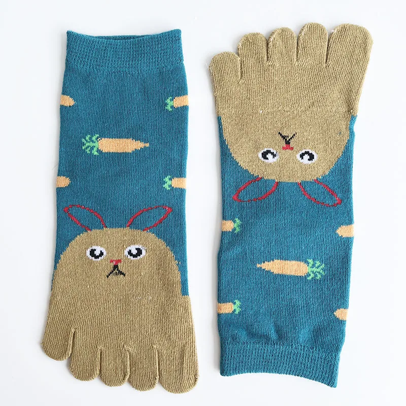 Women Girl Five Finger Socks Cotton Cute Cartoon Cat Rabbit Bear Fish Carrot Fashions Young Sweat-Absorbing Soft Toe Boat Socks