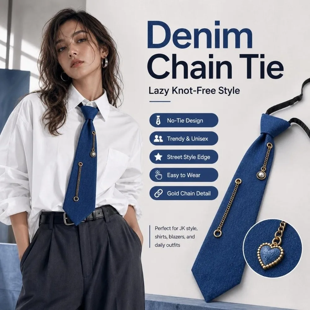Cowboy Style Denim Pre Tied Necktie Beaded with Tassel Costume JK Tie‌ Adjustable Elastic Strap Denim Pearl Necktie Club Party