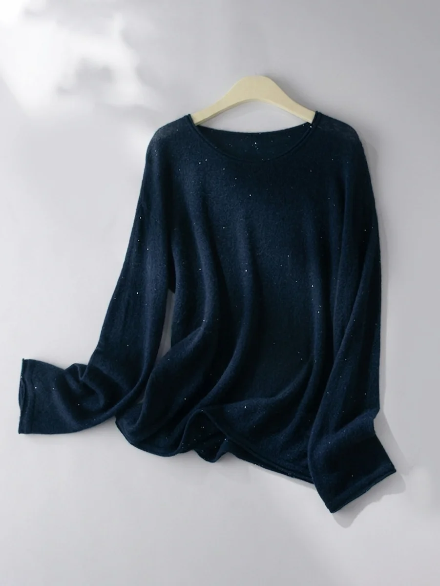 Sparkle Oversize Light Weight Sweater Scoop Neck Wool Cashmere Silk Blend 2026