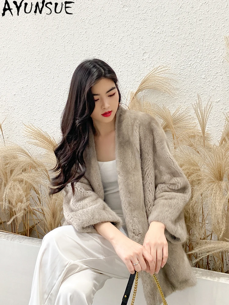 

AYUNSUE 2025: натуральный бархатный норковый мех, женская куртка с v-образным вырезом, роскошные цельные норковые куртки для женской одежды, высокое качество Кофта С Мехом