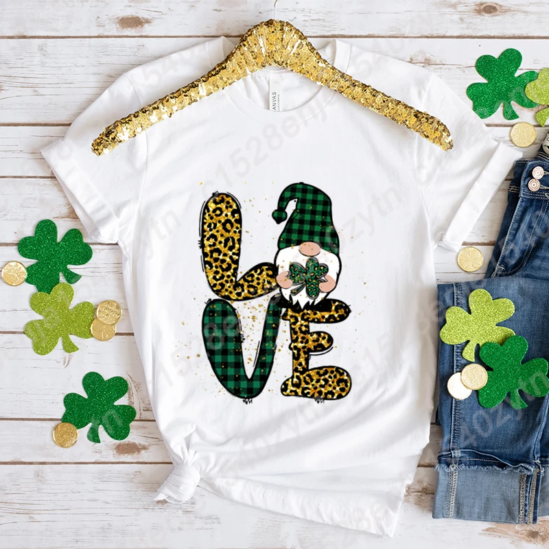 

St Patrick's Day Love Gnome Clover Print Tees For Women Summer Short Sleeve Round Neck Loose T Shirts Creative Personalized Tops