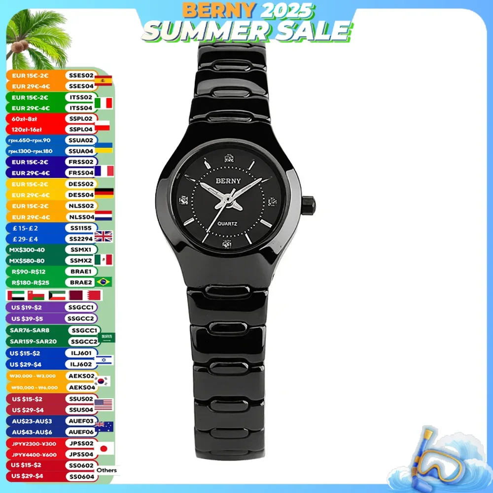BERNY クォーツ時計男性 & 女性カップルセラミックサファイアクリスタル高級ドレス防水腕時計カレンダー時計時計