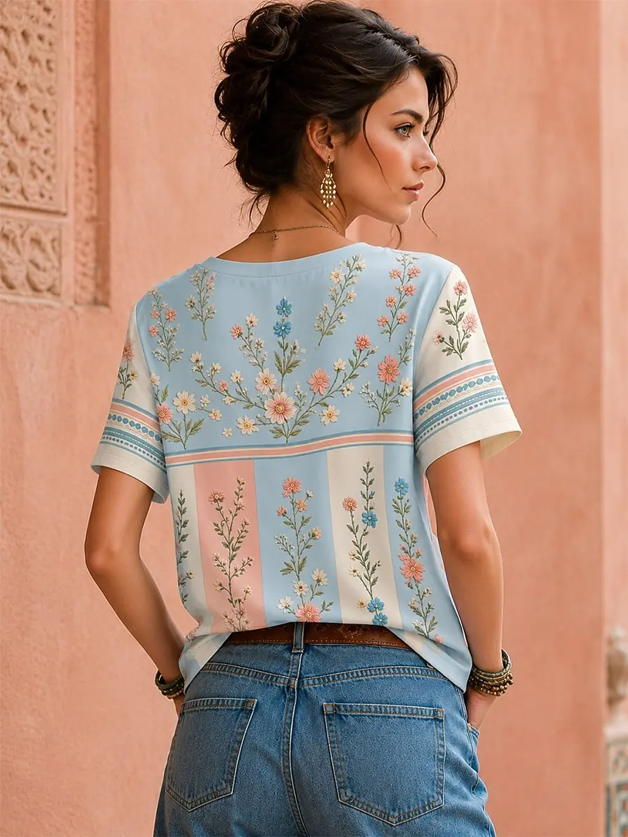 Women V Neck Short Sleeve T-shirt Pastel Vertical Stripe Wild Floral Print Vintage Cottagecore Casual Summer Graphic Top